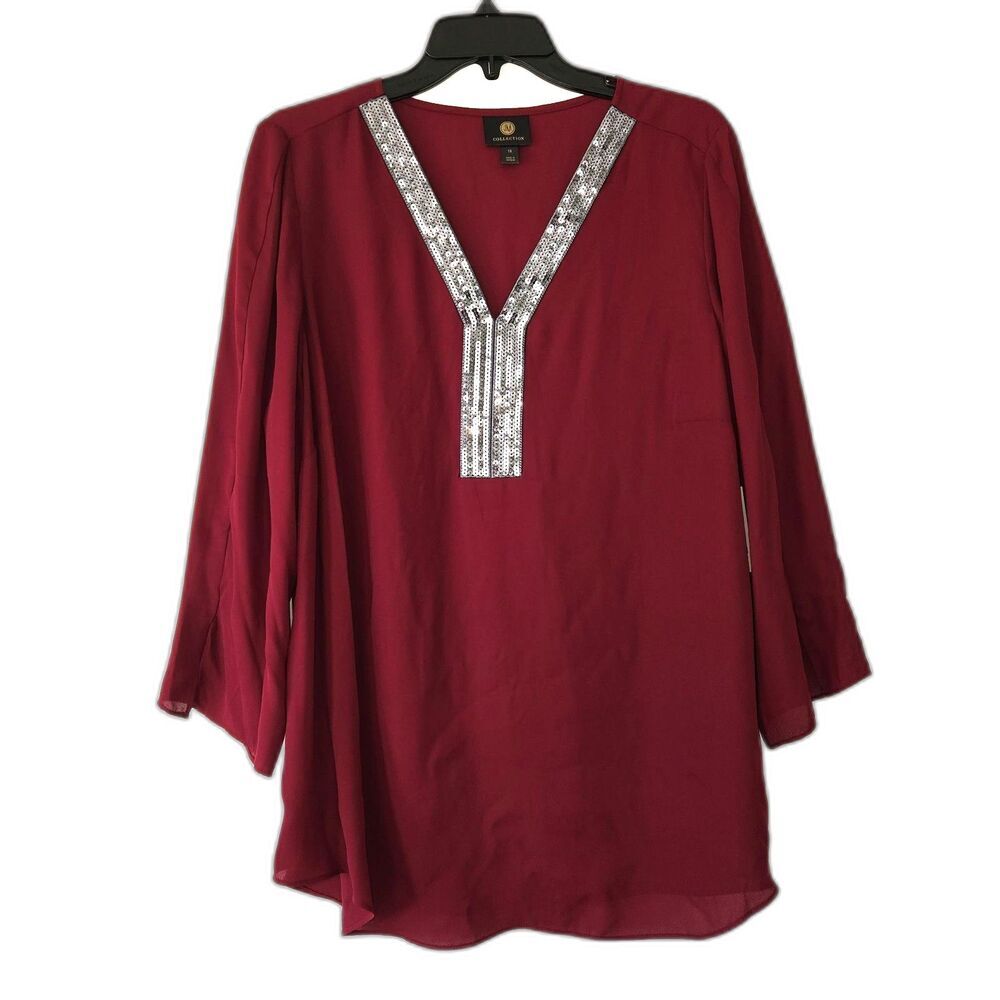 JM COLLECTION Burgundy Tunic Sequin Collar Semi-Sheer 1X NWT